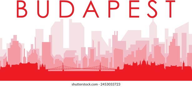 Red panoramic city skyline poster with reddish misty transparent background buildings of BUDAPEST, HUNGARY