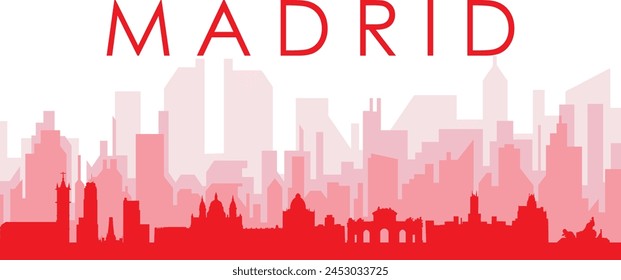 Red panoramic city skyline poster with reddish misty transparent background buildings of MADRID, SPAIN