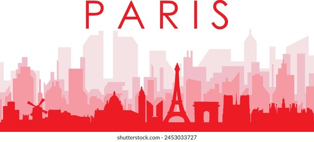 Red panoramic city skyline poster with reddish misty transparent background buildings of PARIS, FRANCE