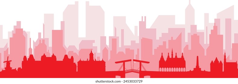 Red panoramic city skyline poster with reddish misty transparent background buildings of AMSTERDAM, NETHERLANDS