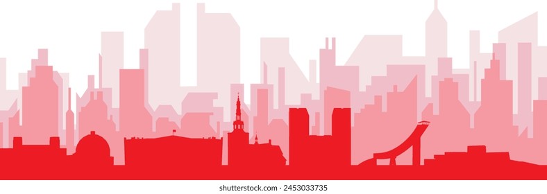 Red panoramic city skyline poster with reddish misty transparent background buildings of OSLO, NORWAY