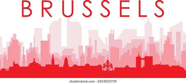 Red panoramic city skyline poster with reddish misty transparent background buildings of BRUSSELS, BELGIUM