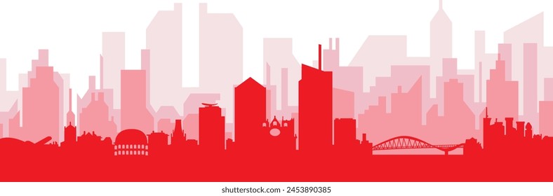 Red panoramic city skyline poster with reddish misty transparent background buildings of LYON, FRANCE