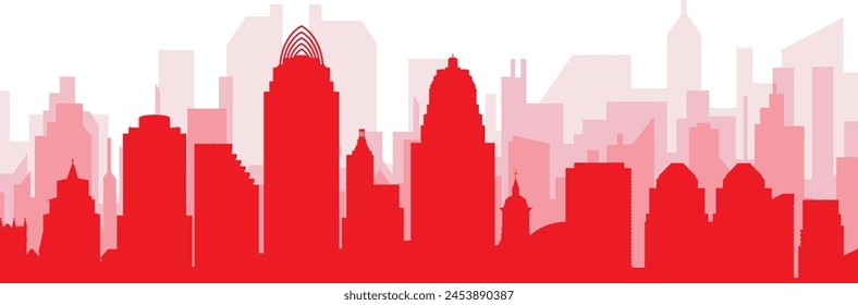 Red panoramic city skyline poster with reddish misty transparent background buildings of CINCINNATI, UNITED STATES