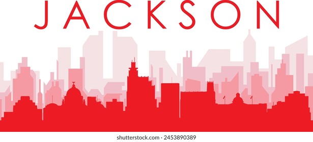 Afiche panorámico rojo del horizonte de la ciudad con los edificios rojizos brumosos transparentes del fondo de JACKSON, ESTADOS UNIDOS