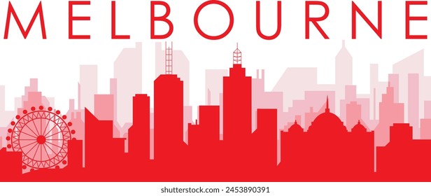 Red panoramic city skyline poster with reddish misty transparent background buildings of MELBOURNE, AUSTRALIA