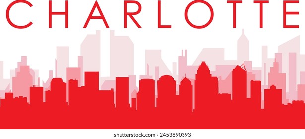 Afiche panorámico rojo del horizonte de la ciudad con los edificios rojizos brumosos transparentes del fondo de CHARLOTTE, ESTADOS UNIDOS