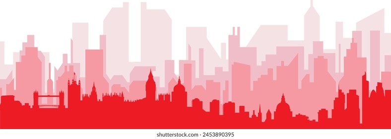 Red panoramic city skyline poster with reddish misty transparent background buildings of LONDON, UNITED KINGDOM