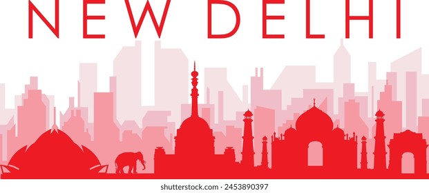 Red panoramic city skyline poster with reddish misty transparent background buildings of NEW DELHI, INDIA