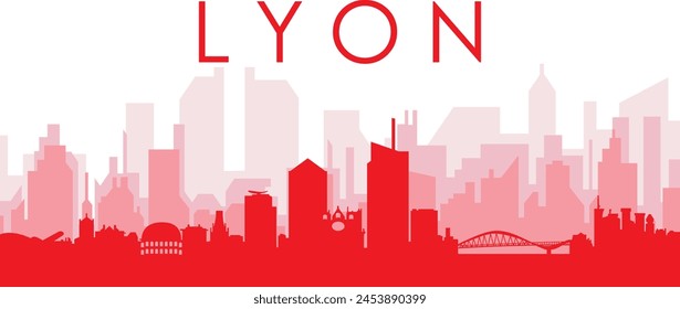 Red panoramic city skyline poster with reddish misty transparent background buildings of LYON, FRANCE