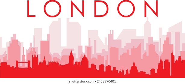 Red panoramic city skyline poster with reddish misty transparent background buildings of LONDON, UNITED KINGDOM