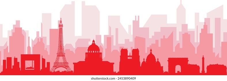 Red panoramic city skyline poster with reddish misty transparent background buildings of PARIS, FRANCE