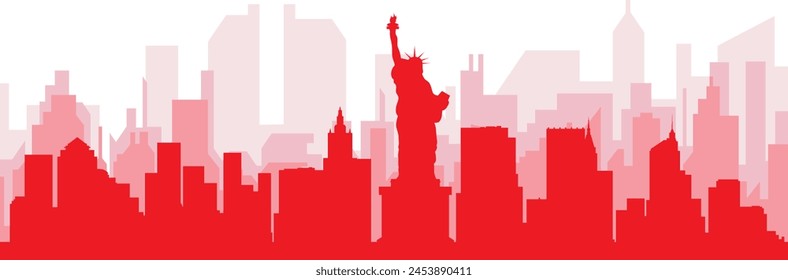 Red panoramic city skyline poster with reddish misty transparent background buildings of NEW YORK, UNITED STATES