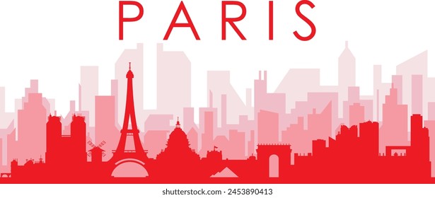 Red panoramic city skyline poster with reddish misty transparent background buildings of PARIS, FRANCE