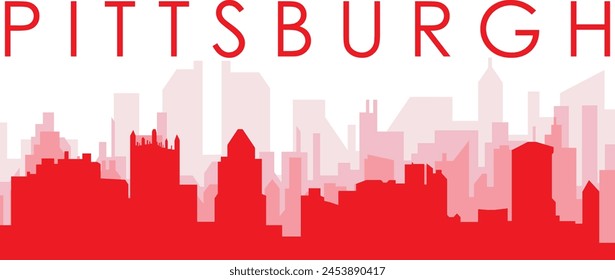 Afiche panorámico de horizonte de la ciudad rojo con edificios de fondo rojizos y brumosos transparentes de PITTSBURGH, ESTADOS UNIDOS