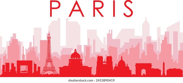 Red panoramic city skyline poster with reddish misty transparent background buildings of PARIS, FRANCE