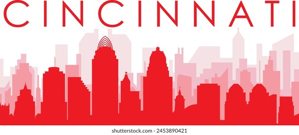 Red panoramic city skyline poster with reddish misty transparent background buildings of CINCINNATI, UNITED STATES