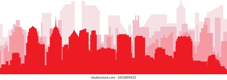 Red panoramic city skyline poster with reddish misty transparent background buildings of PHILADELPHIA, UNITED STATES