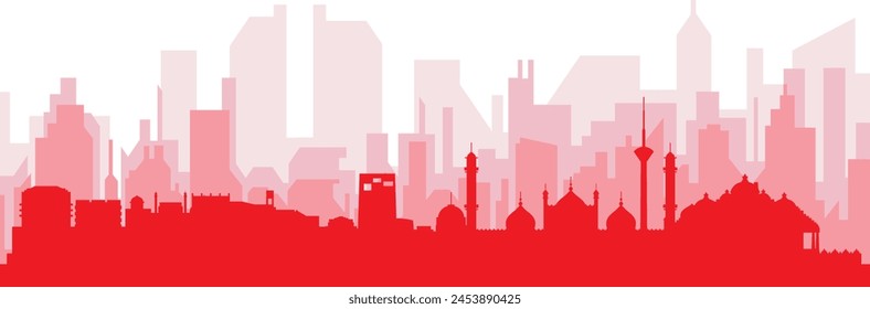 Red panoramic city skyline poster with reddish misty transparent background buildings of NEW DELHI, INDIA