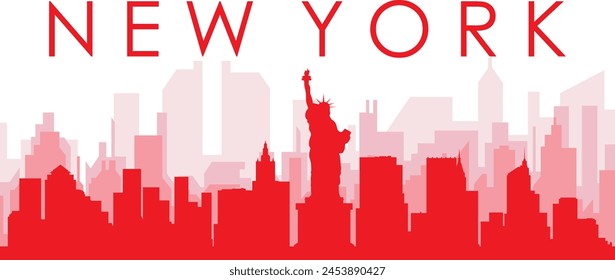 Red panoramic city skyline poster with reddish misty transparent background buildings of NEW YORK, UNITED STATES