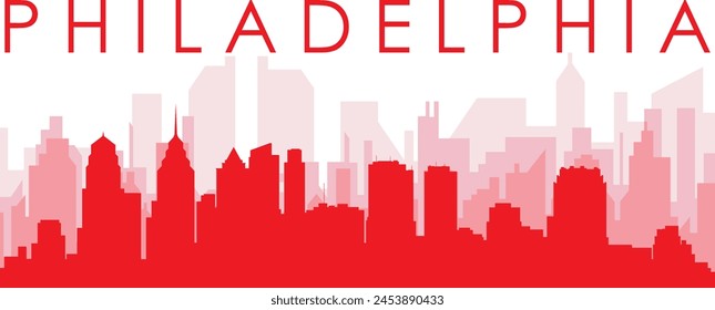 Red panoramic city skyline poster with reddish misty transparent background buildings of PHILADELPHIA, UNITED STATES