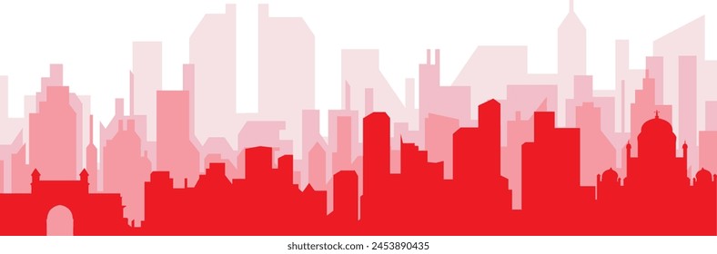 Red panoramic city skyline poster with reddish misty transparent background buildings of MUMBAI, INDIA