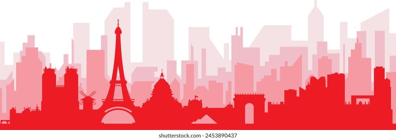 Red panoramic city skyline poster with reddish misty transparent background buildings of PARIS, FRANCE