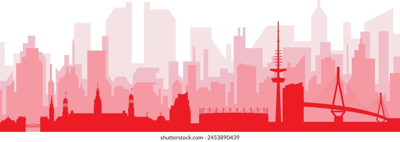 Red panoramic city skyline poster with reddish misty transparent background buildings of HAMBURG, GERMANY