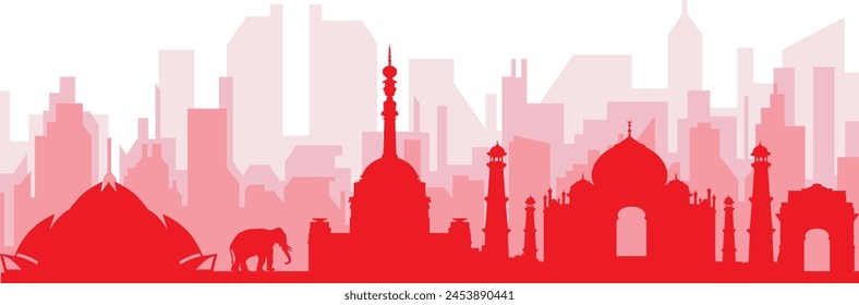 Red panoramic city skyline poster with reddish misty transparent background buildings of NEW DELHI, INDIA