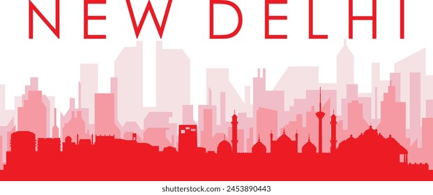 Red panoramic city skyline poster with reddish misty transparent background buildings of NEW DELHI, INDIA