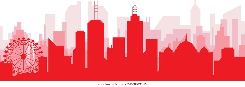 Red panoramic city skyline poster with reddish misty transparent background buildings of MELBOURNE, AUSTRALIA