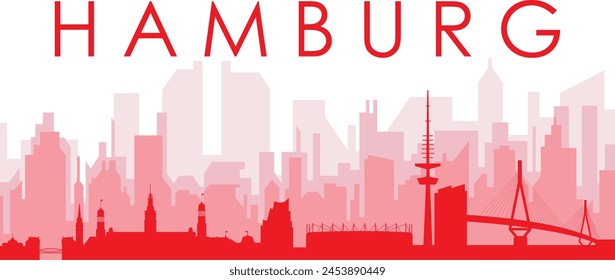 Red panoramic city skyline poster with reddish misty transparent background buildings of HAMBURG, GERMANY