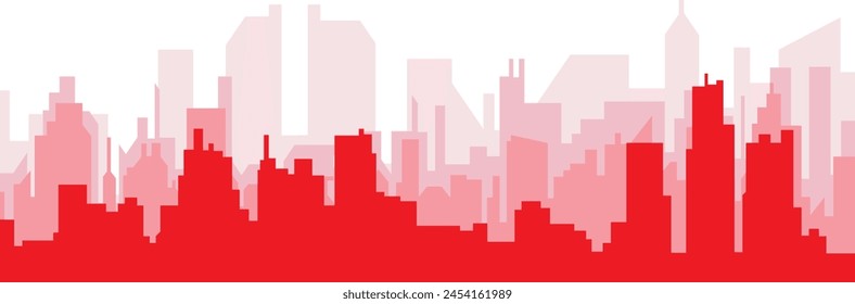 Red panoramic city skyline poster with reddish misty transparent background buildings of DETROIT, UNITED STATES