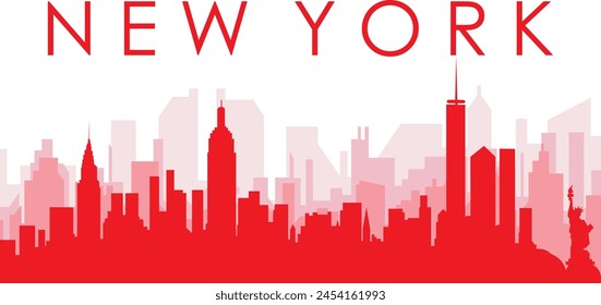 Red panoramic city skyline poster with reddish misty transparent background buildings of NEW YORK, UNITED STATES