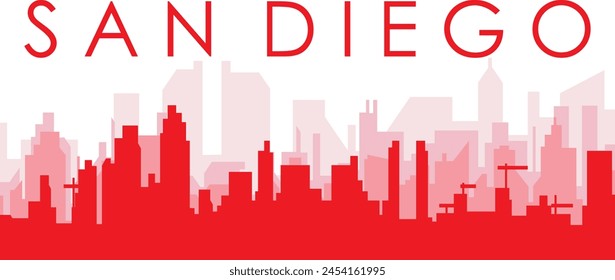 Red panoramic city skyline poster with reddish misty transparent background buildings of SAN DIEGO, UNITED STATES