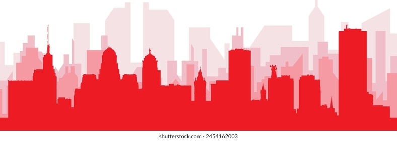 Red panoramic city skyline poster with reddish misty transparent background buildings of BUFFALO, UNITED STATES