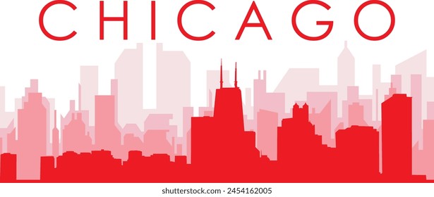 Afiche panorámico de horizonte de la ciudad rojo con edificios de fondo rojizos y brumosos transparentes de CHICAGO, ESTADOS UNIDOS