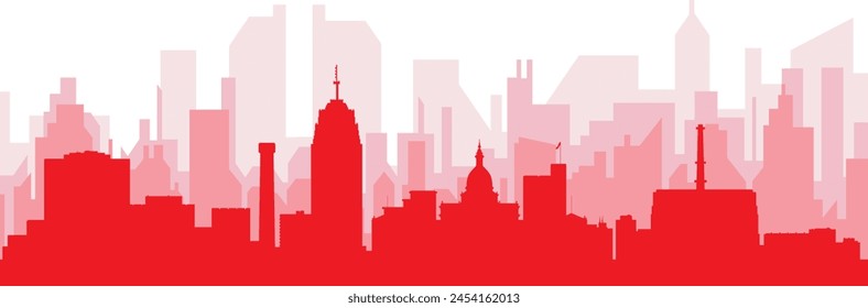 Red panoramic city skyline poster with reddish misty transparent background buildings of LANSING, UNITED STATES