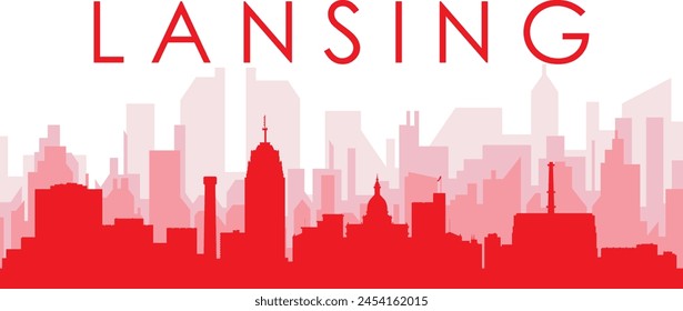 Afiche panorámico de horizonte de la ciudad rojo con edificios de fondo rojizos y brumosos transparentes de LANSING, ESTADOS UNIDOS