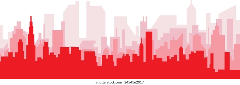 Red panoramic city skyline poster with reddish misty transparent background buildings of CHICAGO, UNITED STATES