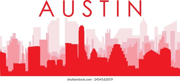 Red panoramic city skyline poster with reddish misty transparent background buildings of AUSTIN, UNITED STATES