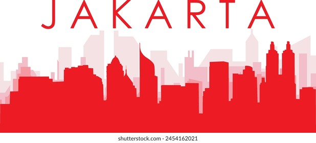 Afiche panorámico rojo del horizonte de la ciudad con los edificios rojizos y brumosos del fondo transparente de YAKARTA, INDONESIA