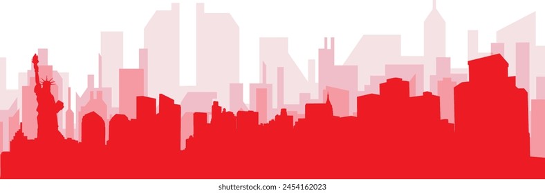 Red panoramic city skyline poster with reddish misty transparent background buildings of NEW YORK, UNITED STATES