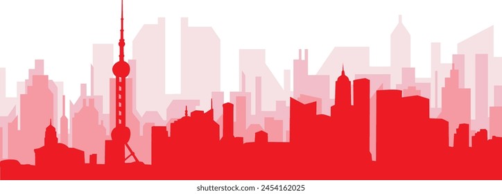 Afiche panorámico rojo del horizonte de la ciudad con los edificios rojizos brumosos transparentes del fondo de SHANGHAI, CHINA