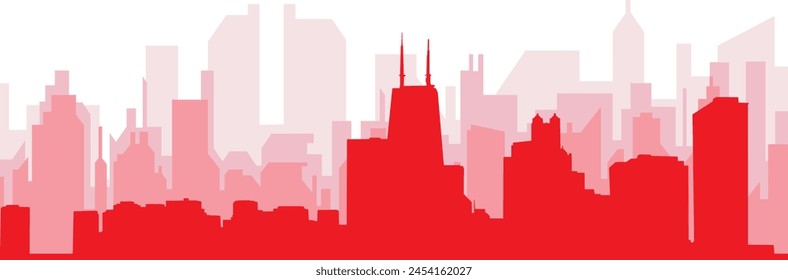 Red panoramic city skyline poster with reddish misty transparent background buildings of CHICAGO, UNITED STATES