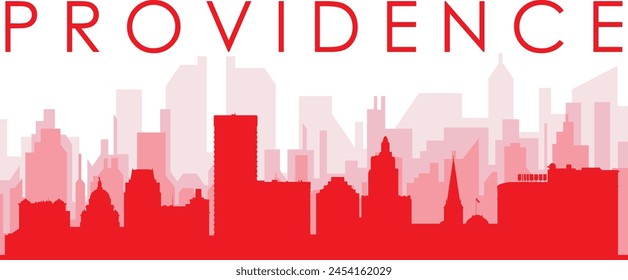 Red panoramic city skyline poster with reddish misty transparent background buildings of PROVIDENCE, UNITED STATES