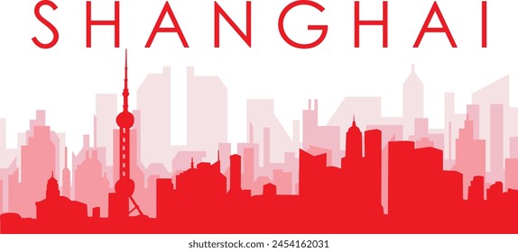 Red panoramic city skyline poster with reddish misty transparent background buildings of SHANGHAI, CHINA