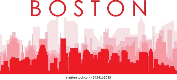 Red panoramic city skyline poster with reddish misty transparent background buildings of BOSTON, UNITED STATES