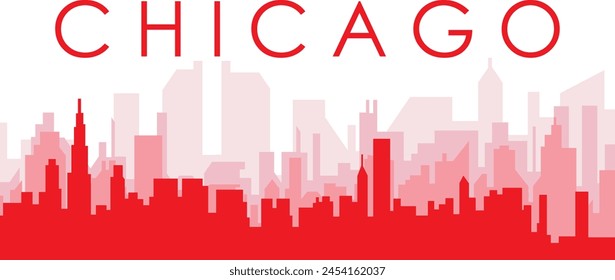 Red panoramic city skyline poster with reddish misty transparent background buildings of CHICAGO, UNITED STATES