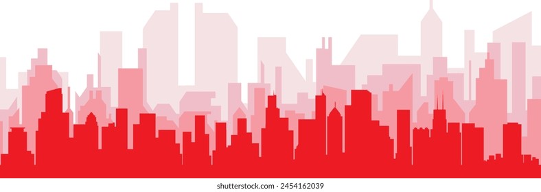 Red panoramic city skyline poster with reddish misty transparent background buildings of CHICAGO, UNITED STATES